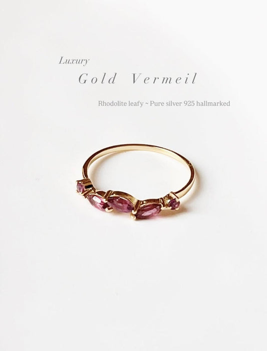 Gold Vermeil Rhodolite Garnet Leafy Minimal 925 Sterling Silver Ring
