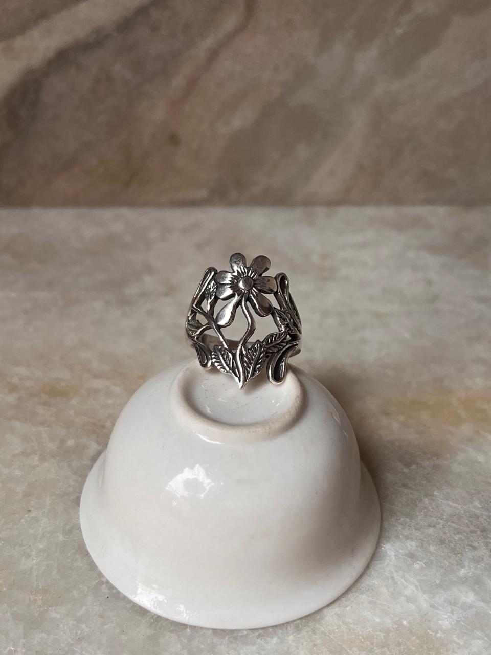Handcrafted big floral garden silver ring for women