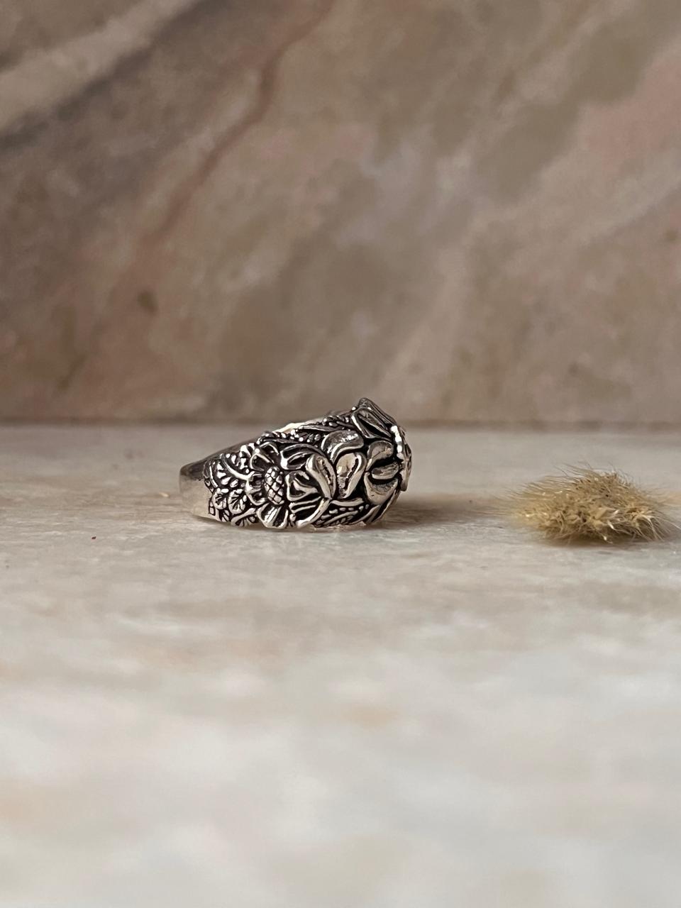 Detailed Garden Motif Adjustable 925 Sterling Silver Ring