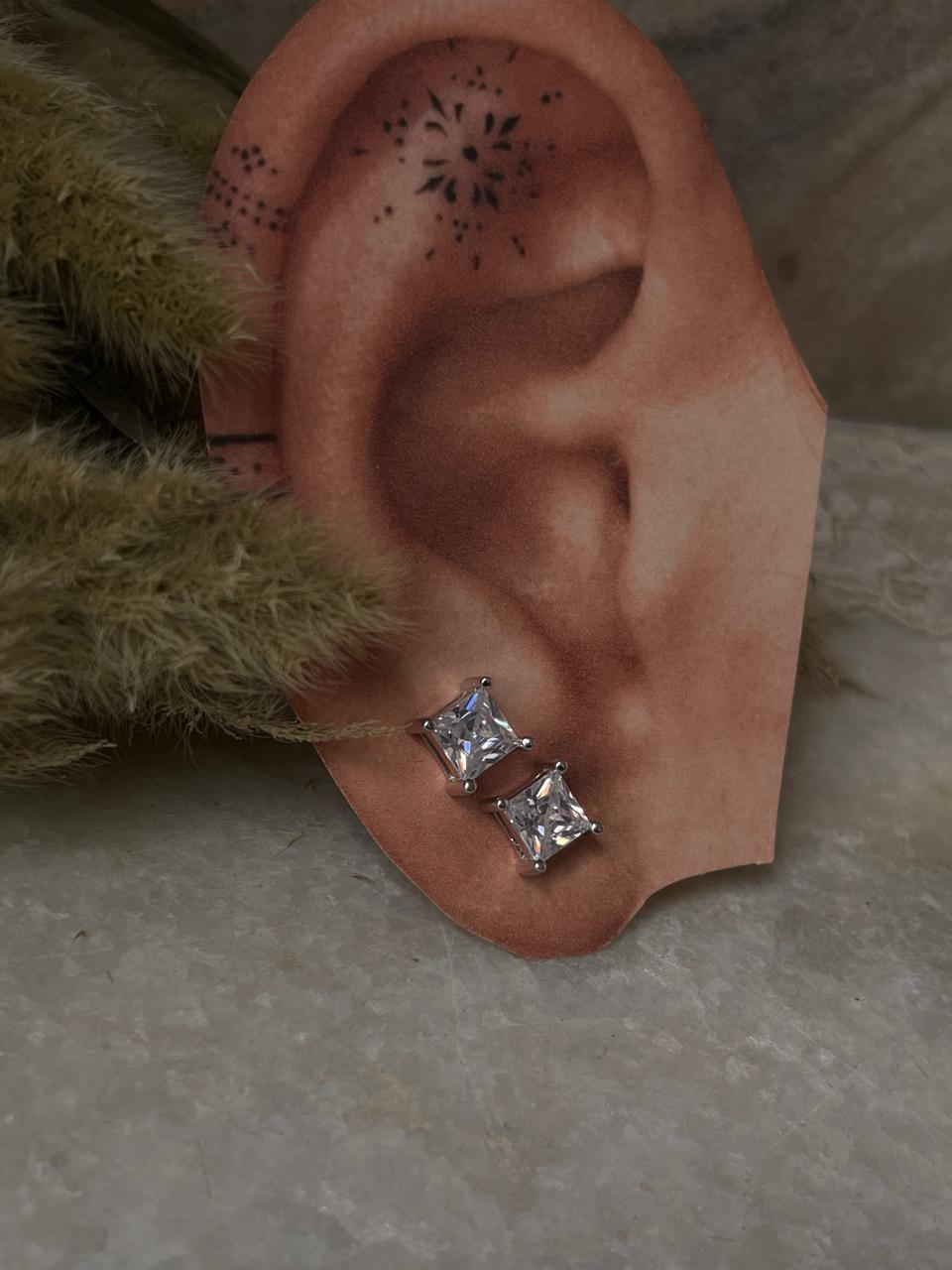 Square Solitaire CZ 7mm Silver Stud Earrings