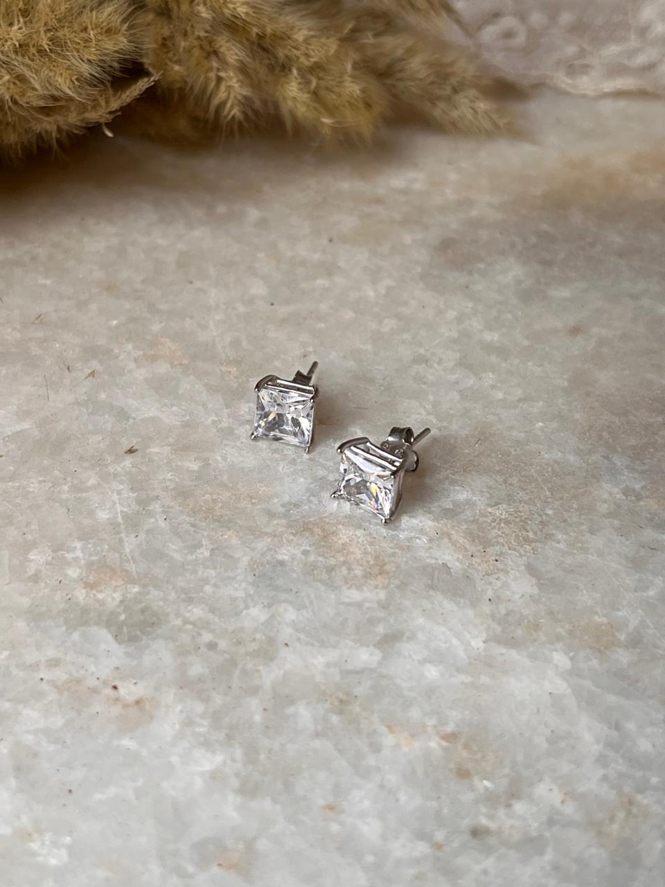 White Cz Square Cut Statement 7MM Studs 925 Sterling Silver Earrings
