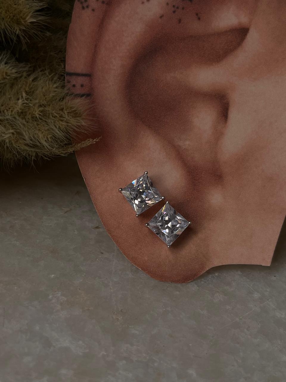 White Cz Square Cut Statement 7MM Studs 925 Sterling Silver Earrings