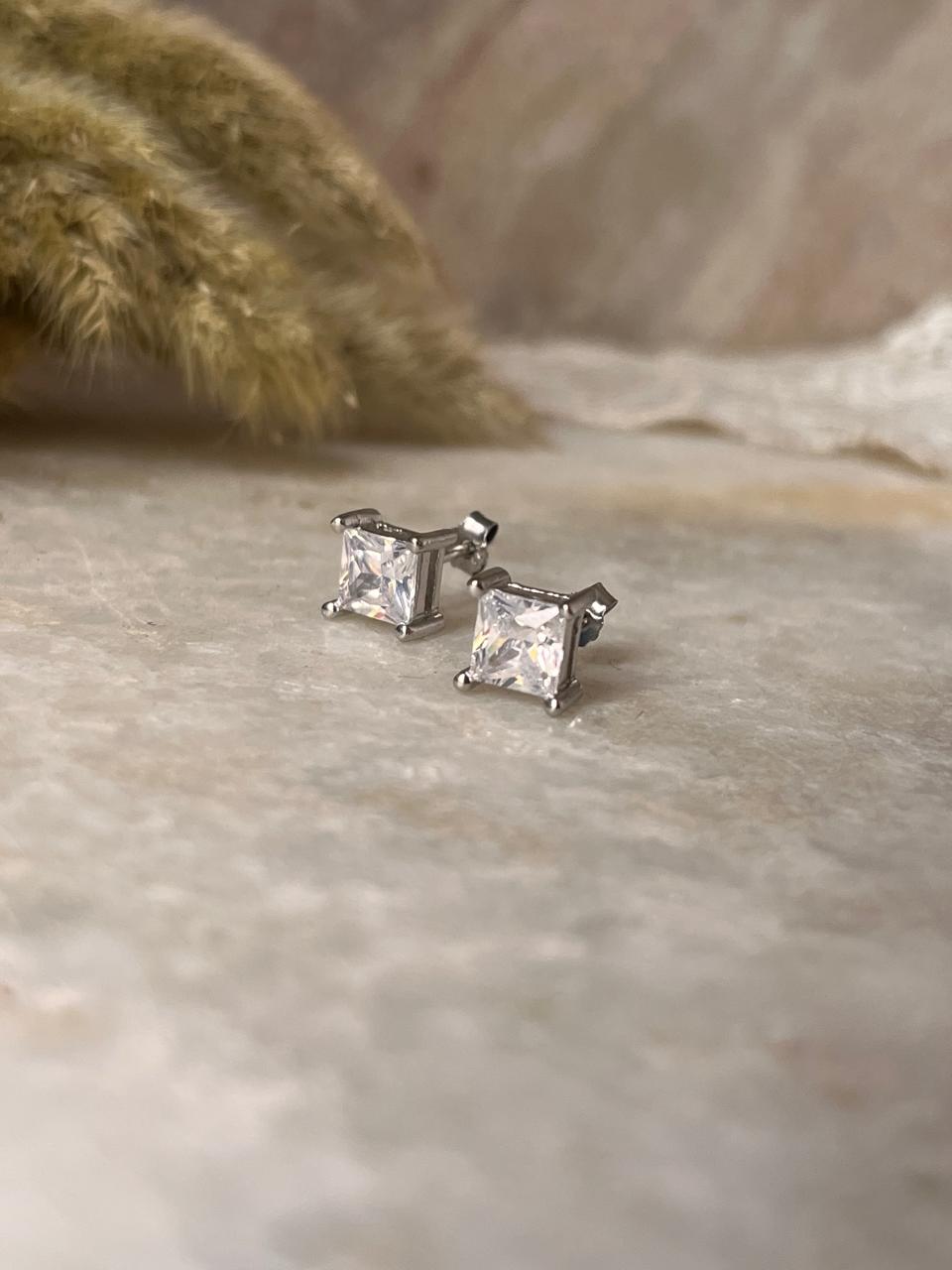 7mm Square Cubic Zirconia 925 Silver Stud Earrings