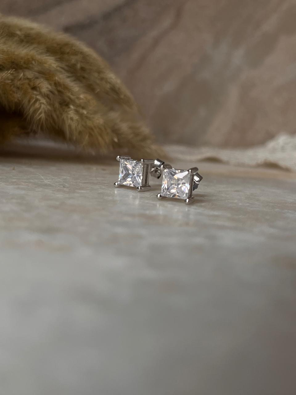 Polished 925 Sterling Silver Square CZ Stud Earrings  