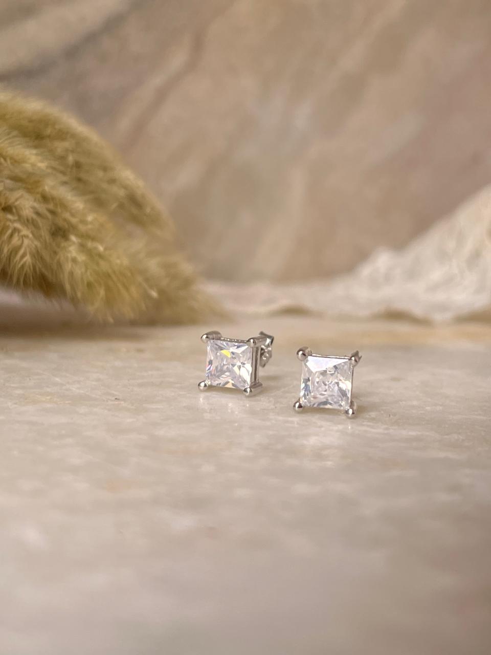 Classic Square Cut CZ Sterling Silver Stud Earrings
