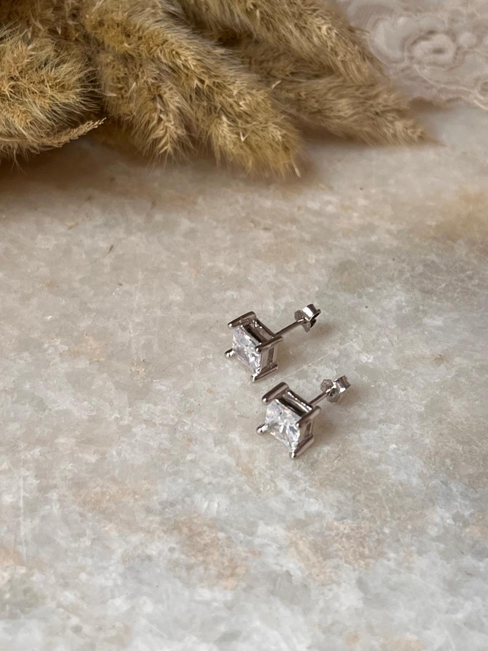 7mm Square Cubic Zirconia 925 Silver Stud Earrings  