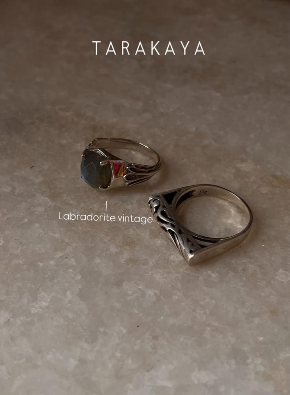Labradorite Vintage Goth Style Checker & Vintage Motif Signet 925 Sterling Silver Stack Set Ring