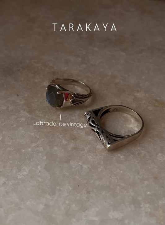 Labradorite Vintage Goth Style Checker & Vintage Motif Signet 925 Sterling Silver Stack Set Ring