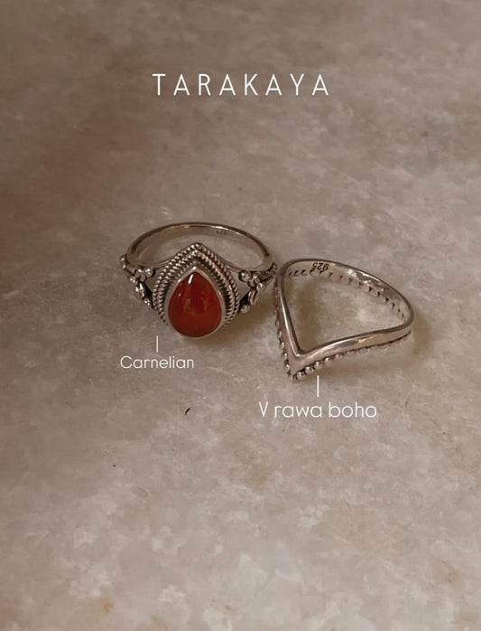 Carnelian Pear Boho & V Rawa /Chevron Boho 925 Sterling Silver Stack Set Ring