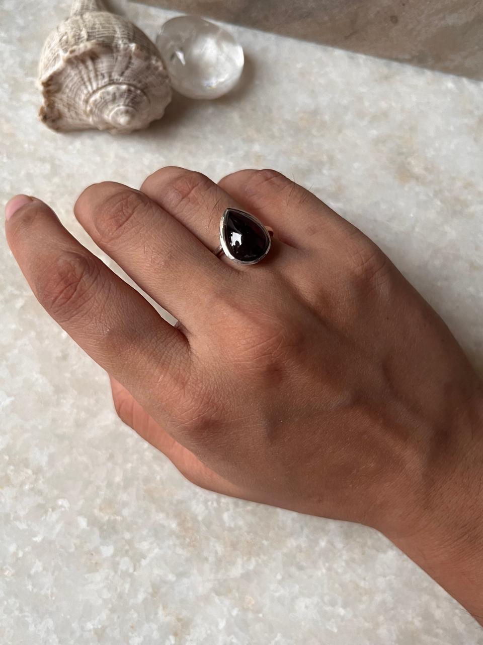 Garnet Pear Plain Big 925 Sterling Silver Ring