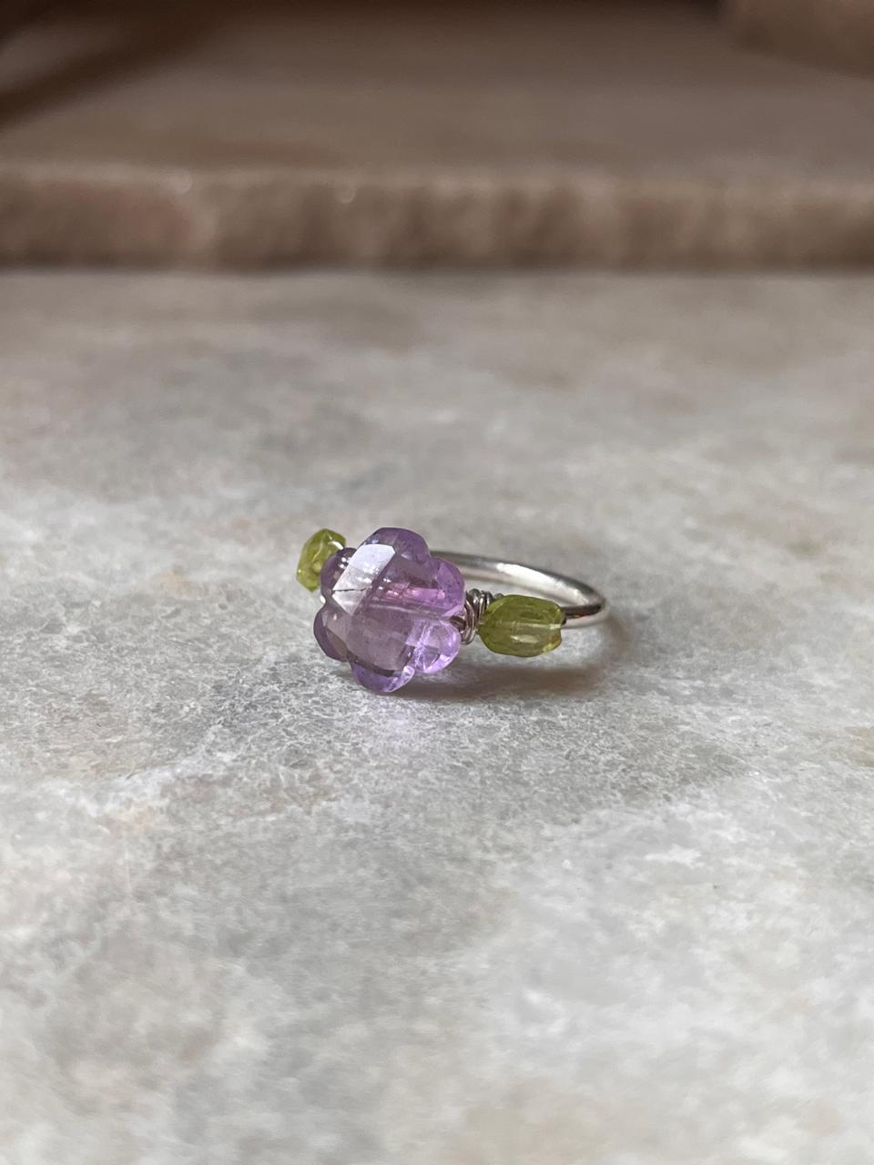 Amethyst flower and peridot 925 Sterling Silver wire wrapped ring  