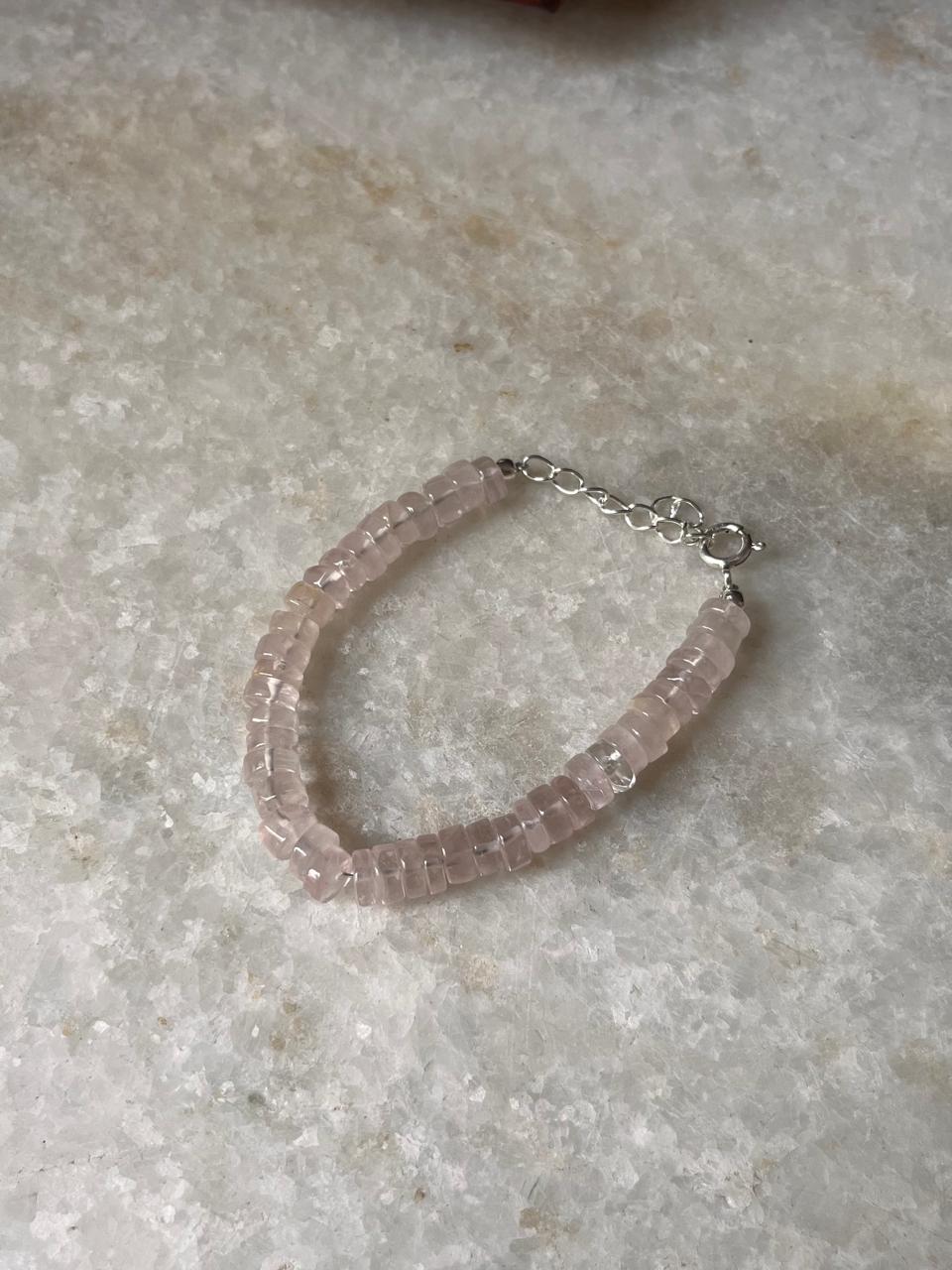 Natural rose quartz bracelet with silver clasp