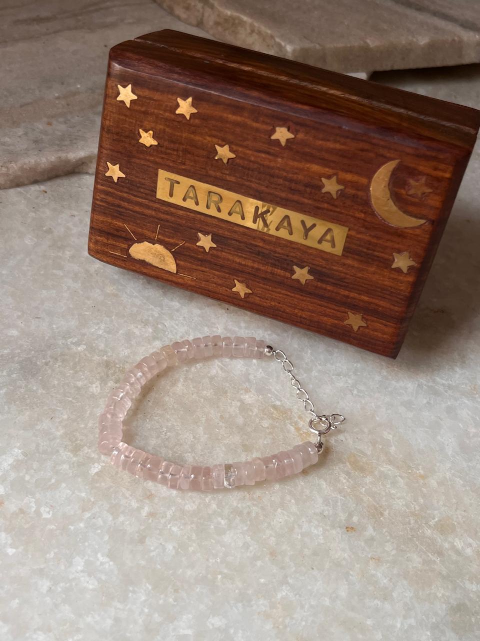 Pink crystal bracelet with flat rose quartz beads