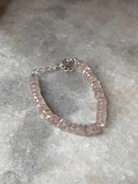 Rose quartz flat crystal bracelet in 925 silver 