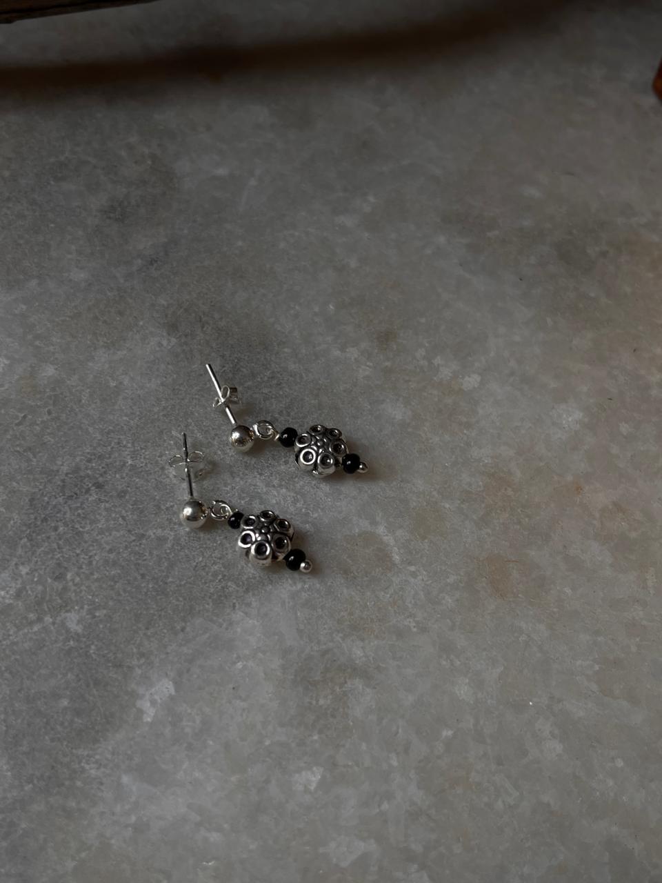 925 silver floral studs with black beads  