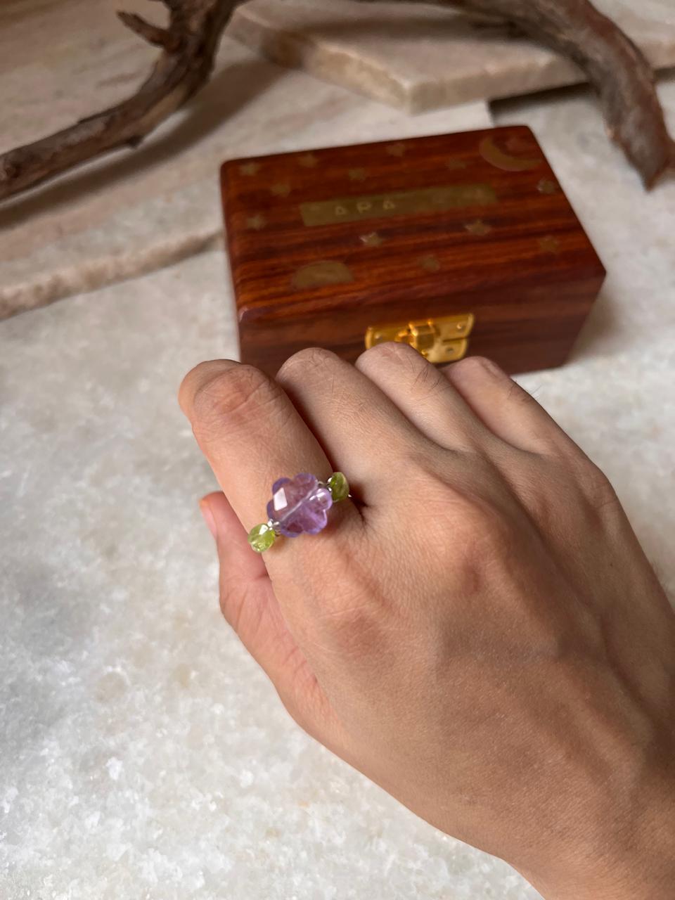 Natural gemstone 925 Sterling Silver ring with amethyst and peridot  