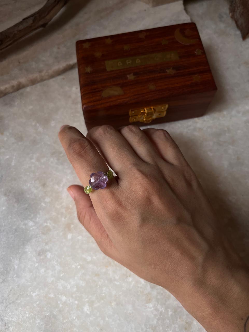 Wire wrapped 925 Sterling Silver ring with amethyst flower and peridot crystal  
