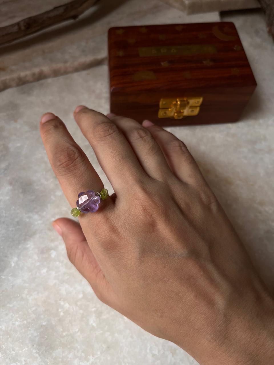 Boho wire wrapped 925 Sterling Silver ring with purple and green crystals  