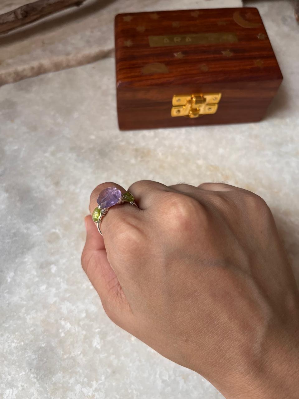 Artisan 925 Sterling Silver ring with amethyst and peridot  