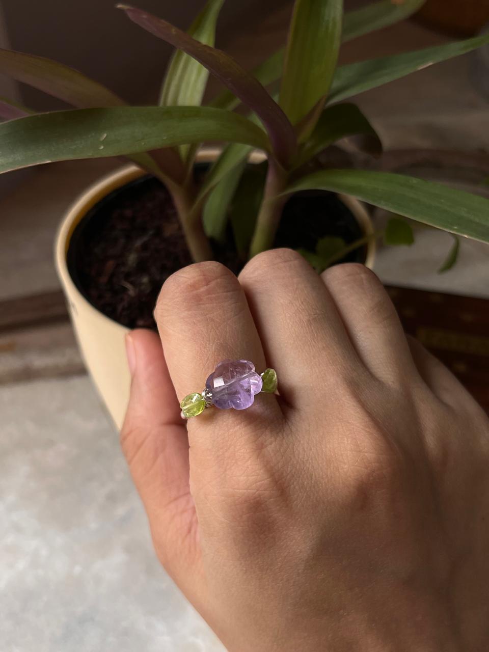 Handmade 925 Sterling Silver ring with amethyst and peridot  
