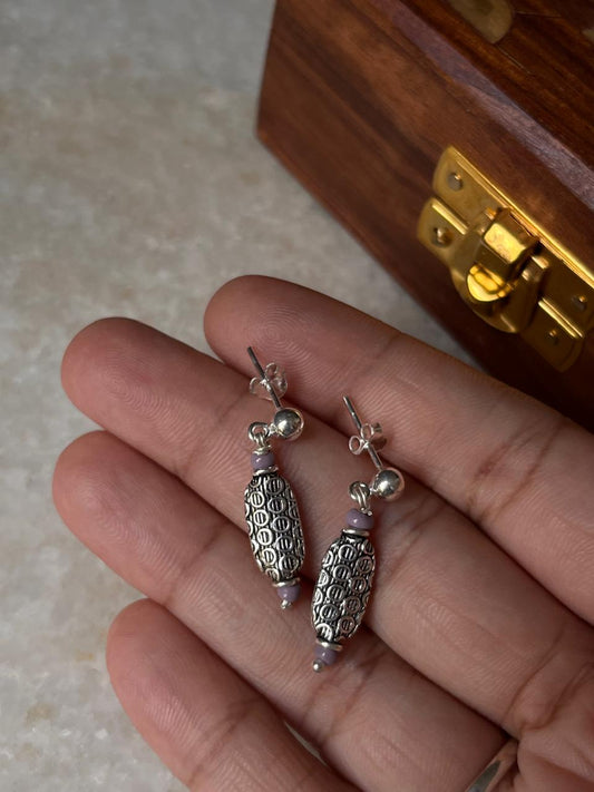 Boho lavender bead silver stud earrings  