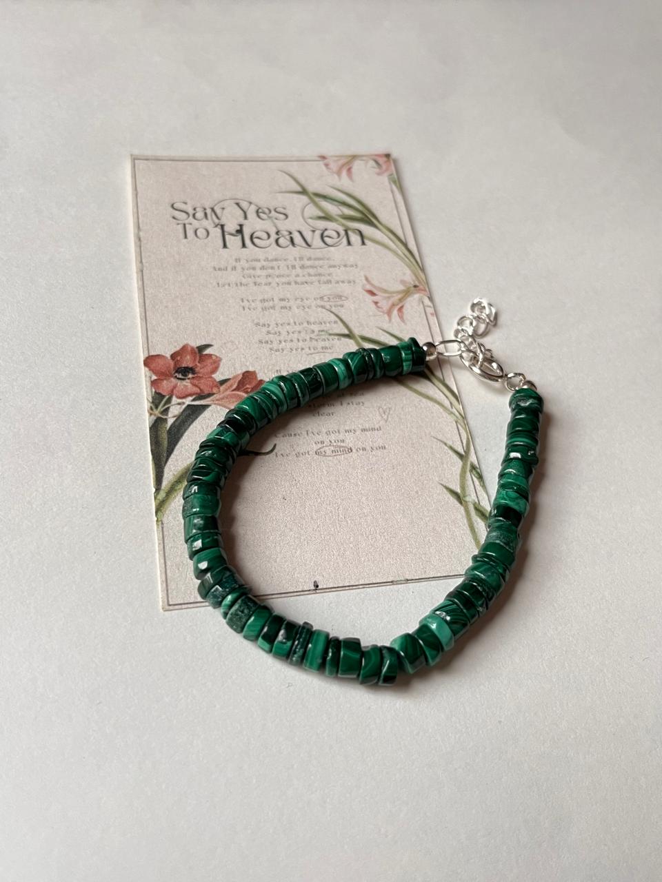 Natural malachite flat tube silver bracelet  