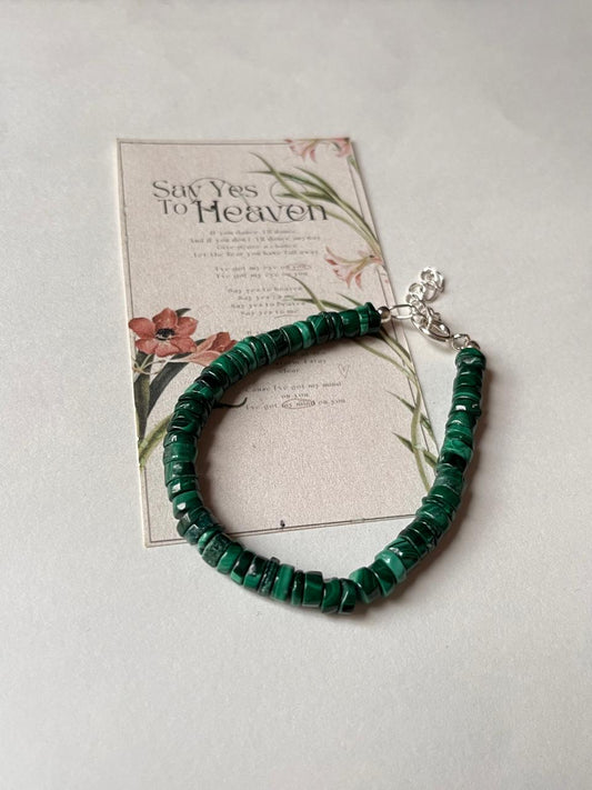 Natural malachite flat tube silver bracelet  