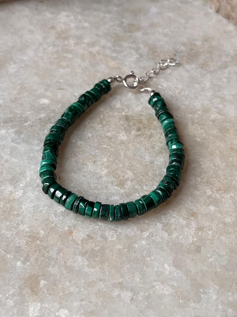 Natural malachite gemstone bracelet in sterling silver  