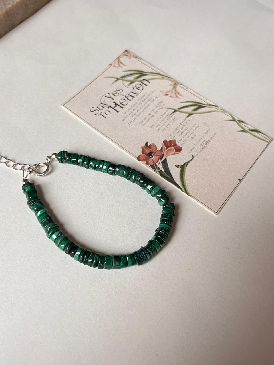 Bold green malachite tube bead silver bracelet  