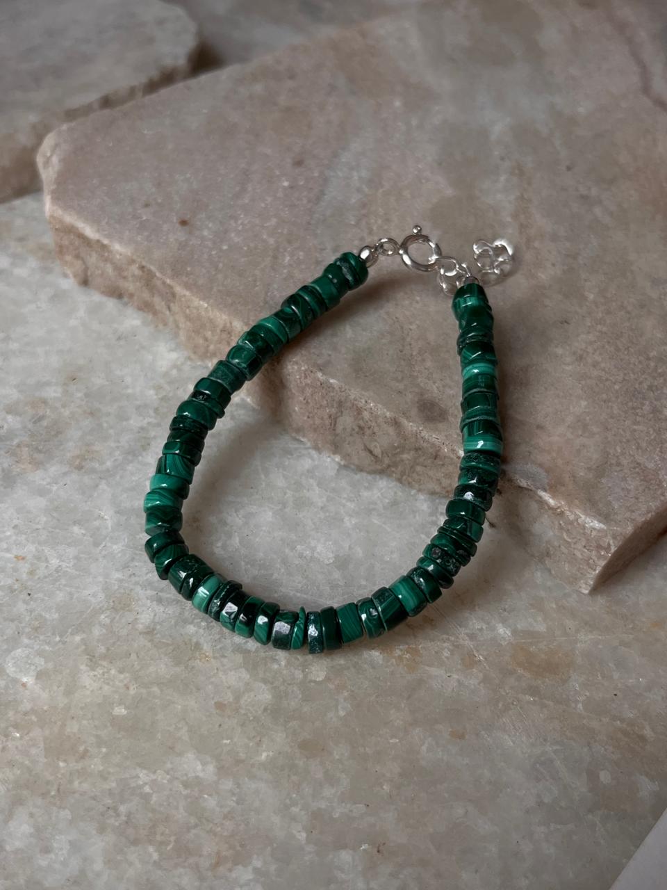 Handcrafted 925 silver bracelet with malachite tubes