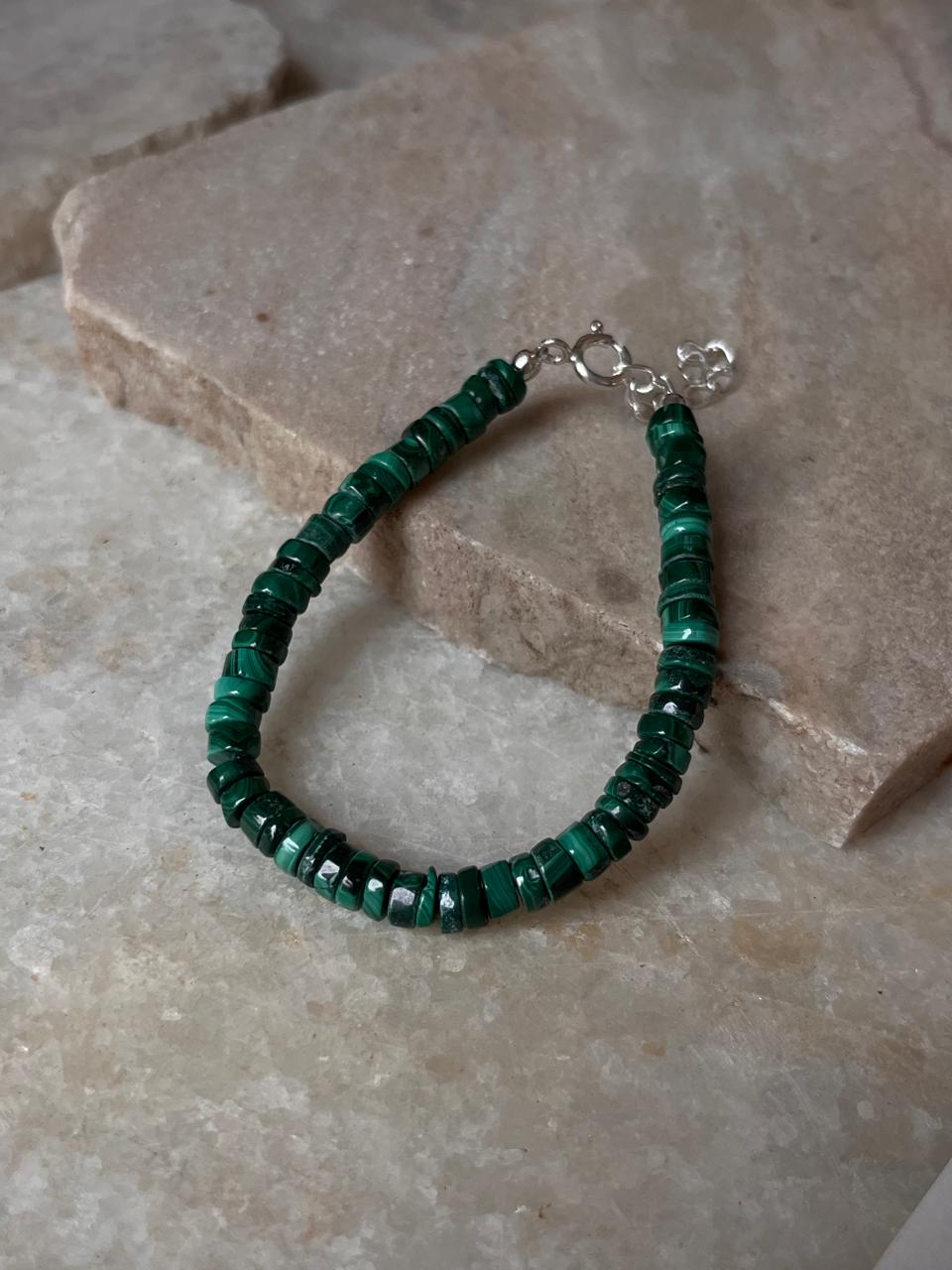 Flat tube malachite bracelet with 925 silver lock
