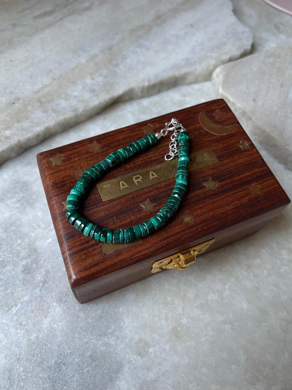 Natural malachite flat tube silver bracelet  