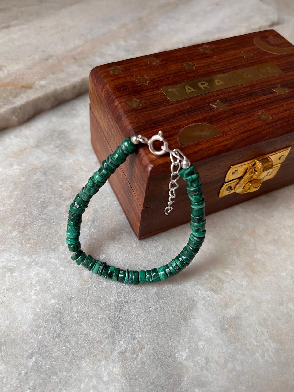 Green malachite tube bead bracelet with silver clasp 