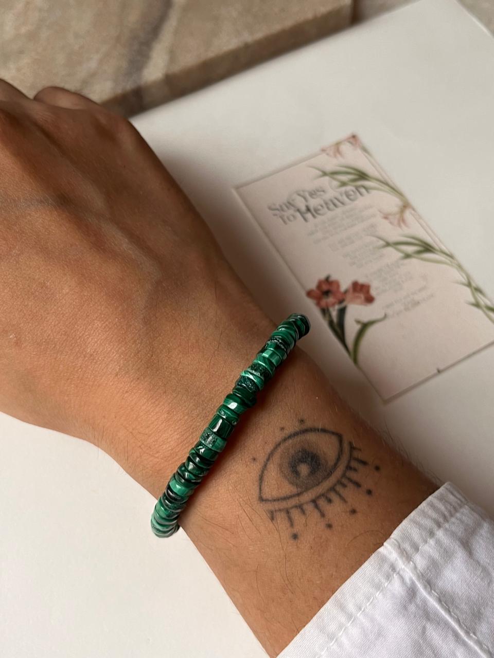 Handcrafted 925 silver bracelet with malachite tubes  