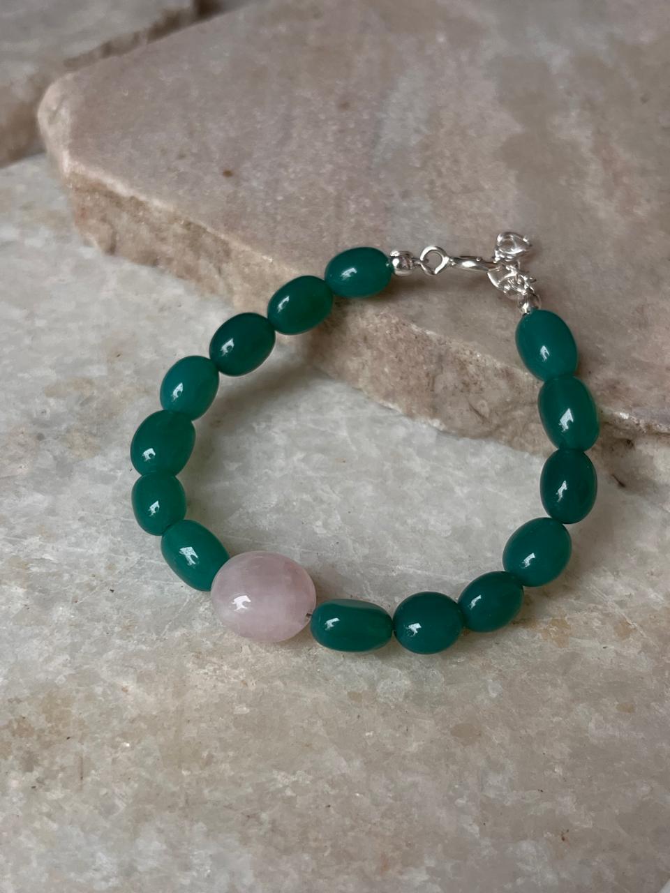 Love & Abundance Rose Quartz & Green Onyx Tumble 925 Sterling Silver Bracelet