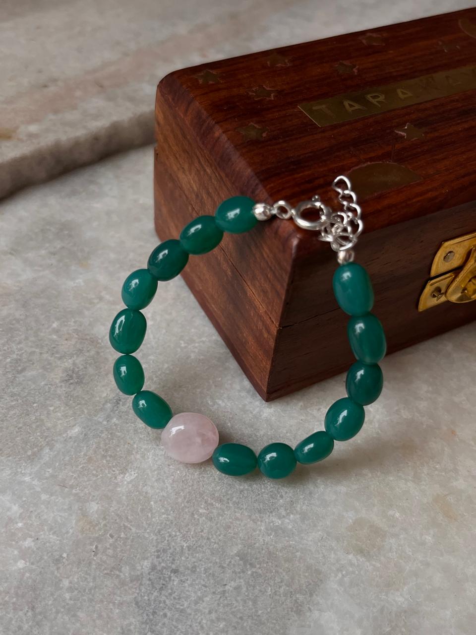 Love & Abundance Rose Quartz & Green Onyx Tumble 925 Sterling Silver Bracelet