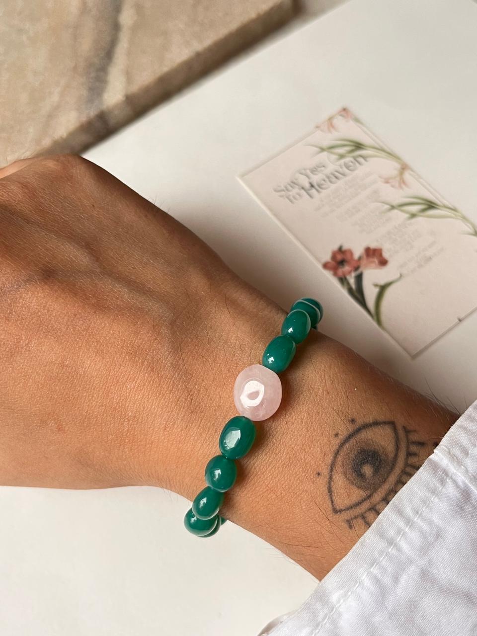Love & Abundance Rose Quartz & Green Onyx Tumble 925 Sterling Silver Bracelet