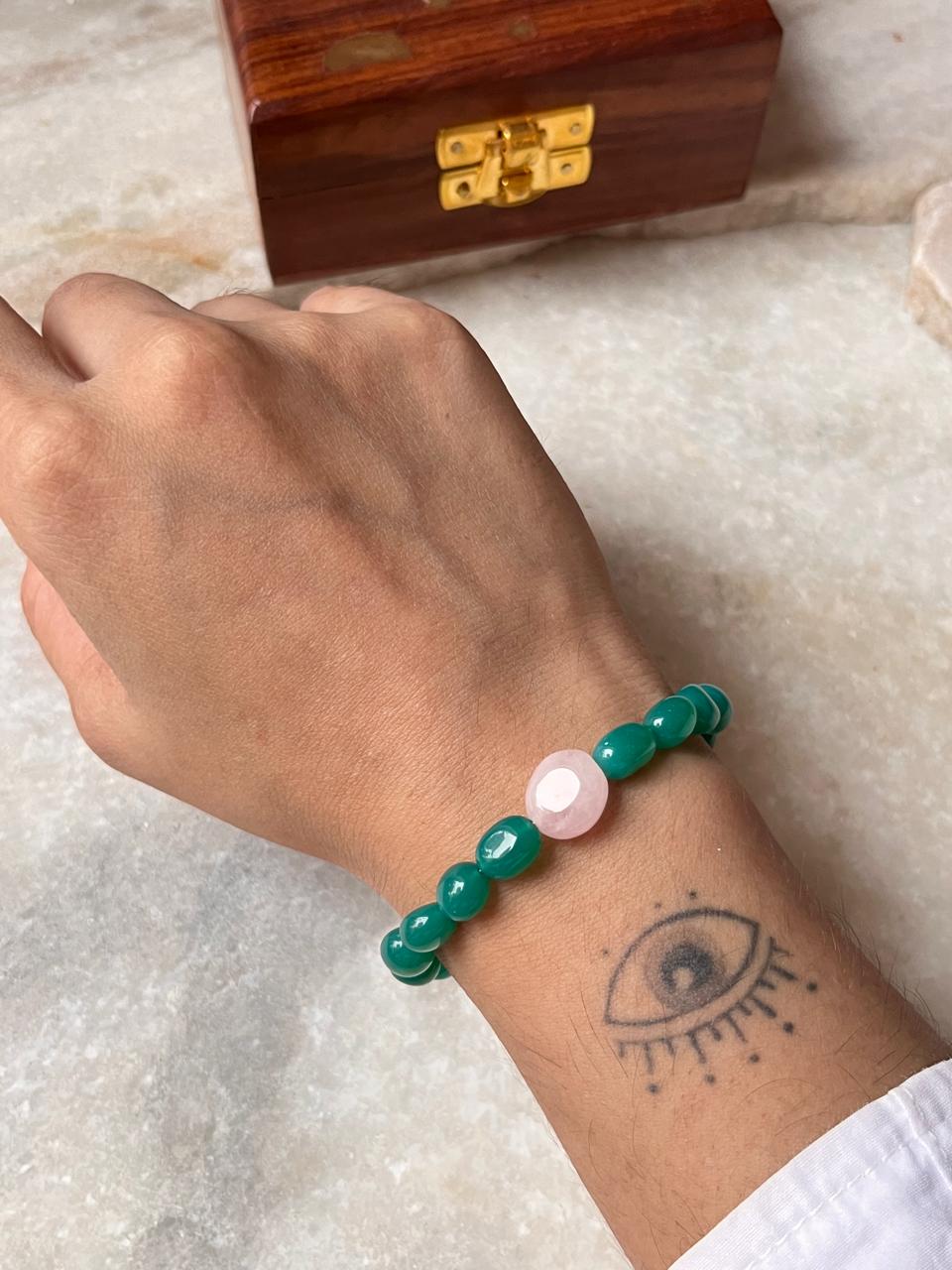 Love & Abundance Rose Quartz & Green Onyx Tumble 925 Sterling Silver Bracelet