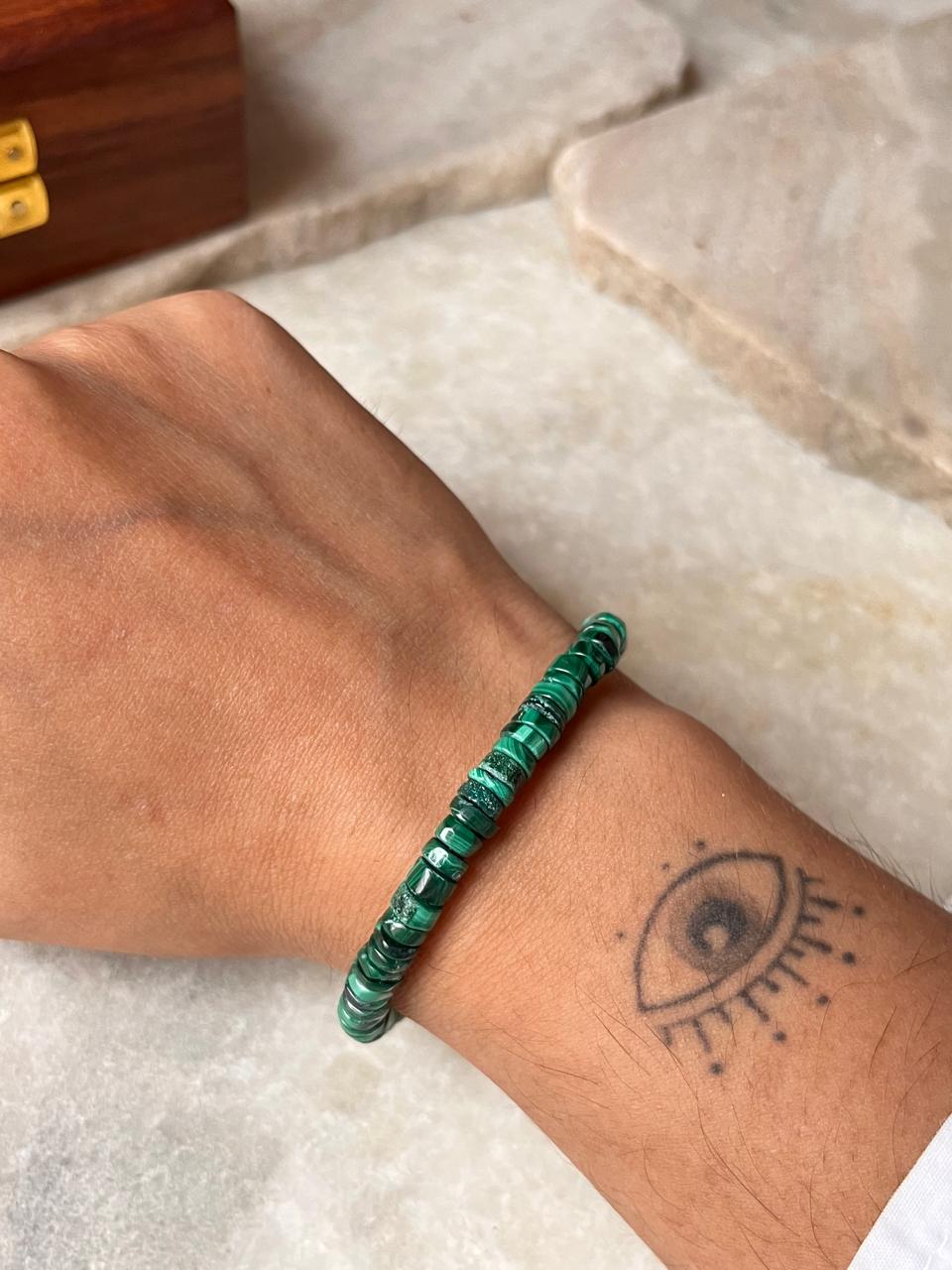  Green malachite tube bead bracelet with silver clasp