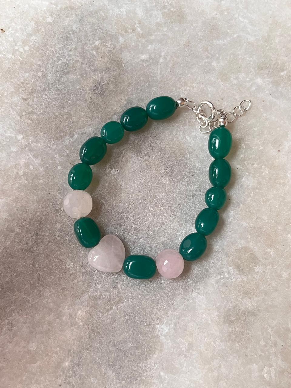Love & Abundance Rose Quartz Heart & Green Onyx Tumble 925 Sterling Silver Bracelet