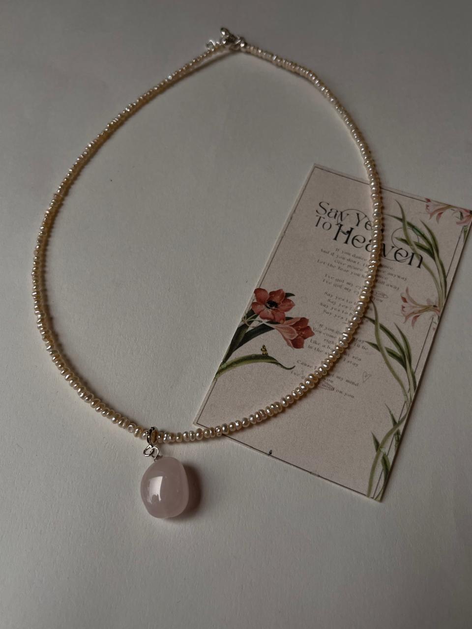 Minimalist freshwater pearl and rose quartz charm necklace