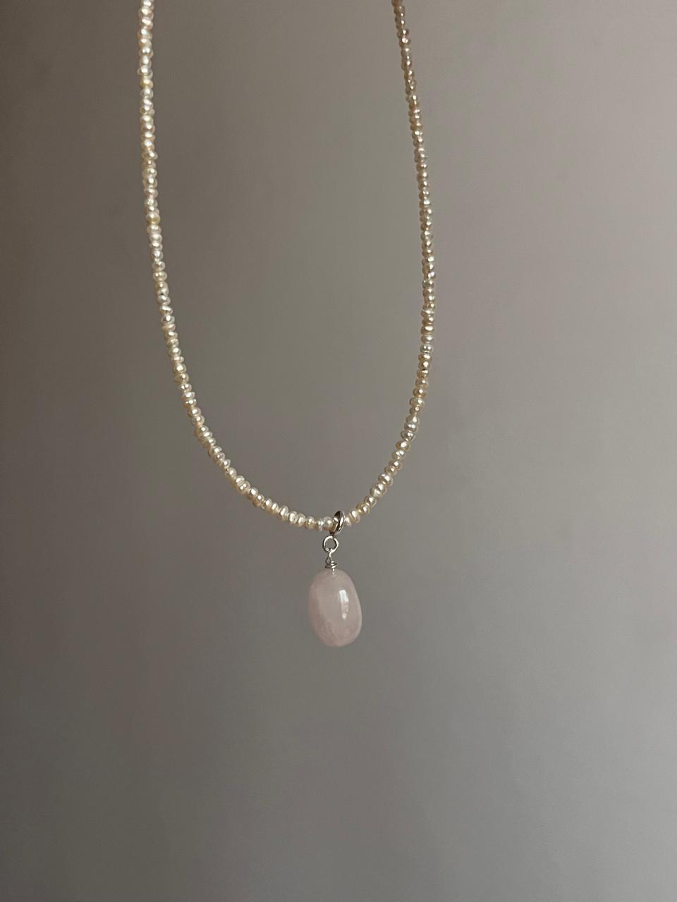 Sterling silver lock necklace with 2mm pearls and crystal charm