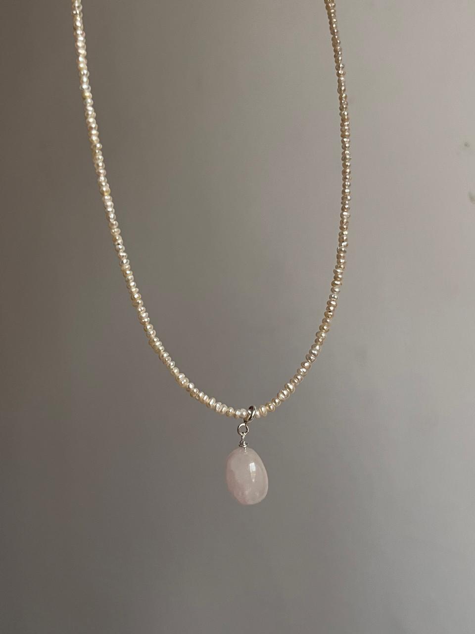 Freshwater pearl and rose quartz charm silver necklace  