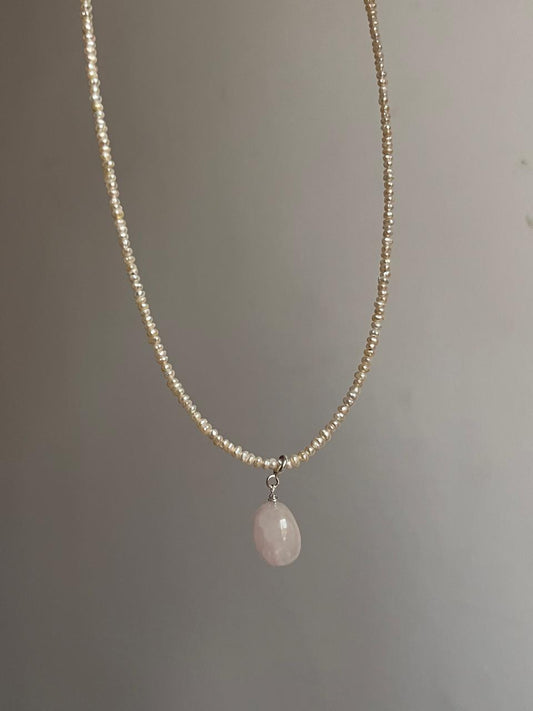 Freshwater pearl and rose quartz charm silver necklace  