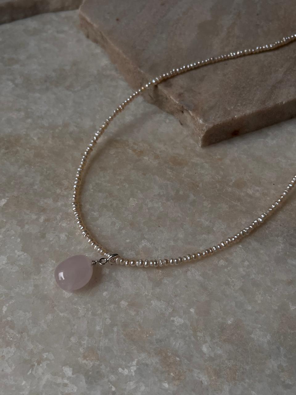 Freshwater pearl and rose quartz charm silver necklace