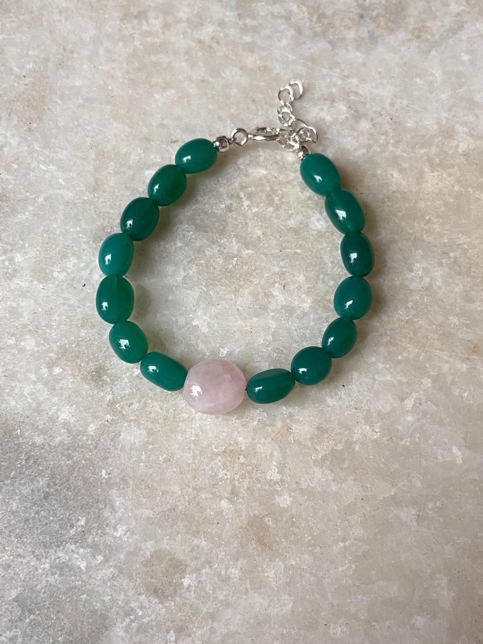 Love & Abundance Rose Quartz & Green Onyx Tumble 925 Sterling Silver Bracelet