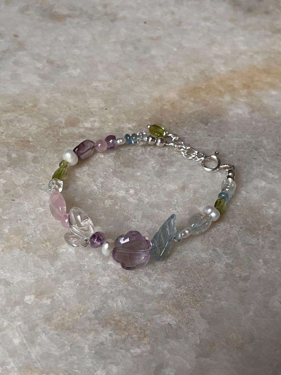 Floral Garden Enchantment- Aquamarine, Peridot, Amethyst, Rose Quartz, Pearl & Clear Quartz Handcrafted 925 Sterling Silver Bracelet