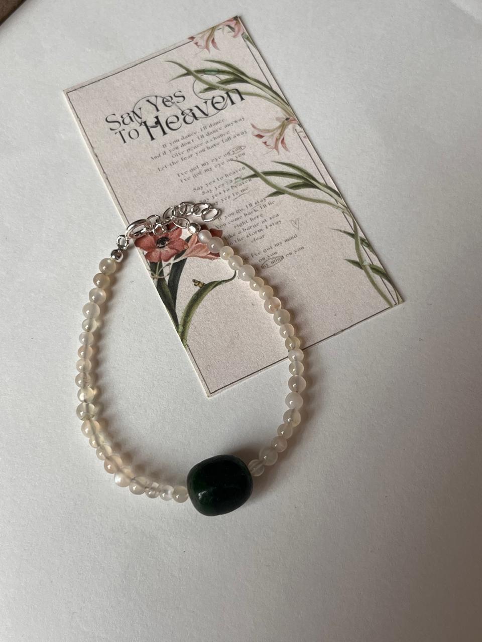 Plain round moonstone with aventurine tumble silver bracelet  