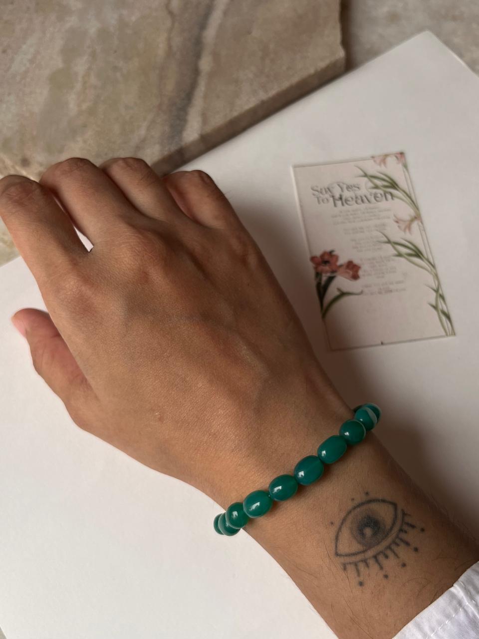 Smooth tumble green onyx bracelet handcrafted in silver  