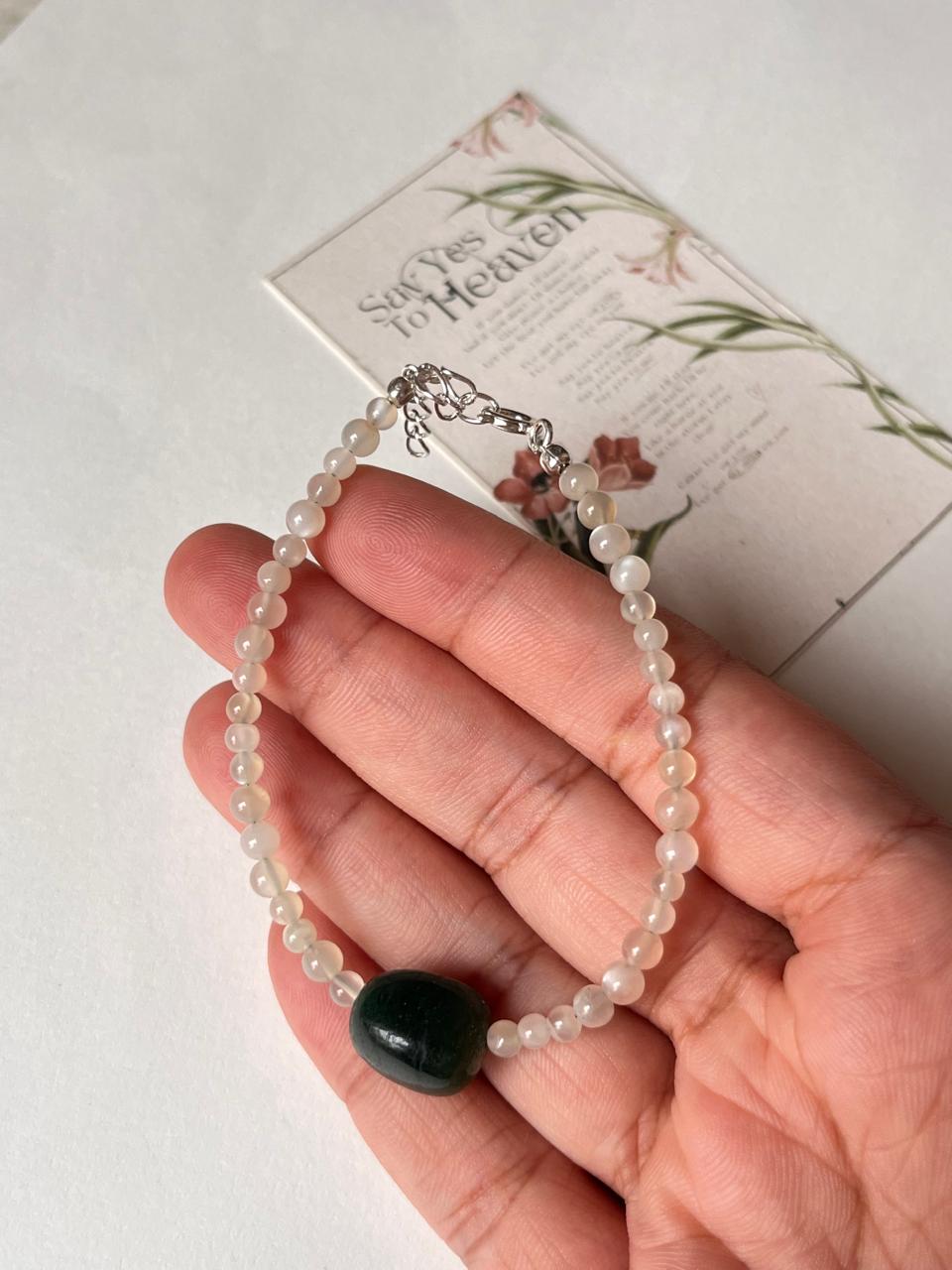 Plain round moonstone with aventurine tumble silver bracelet